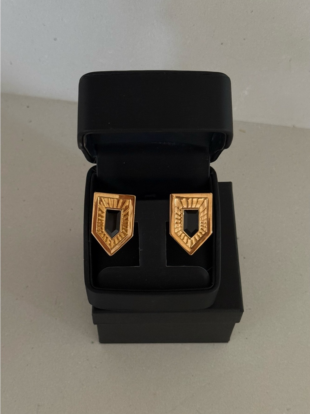 Gold Geometric Shield Earrings with Black Inset